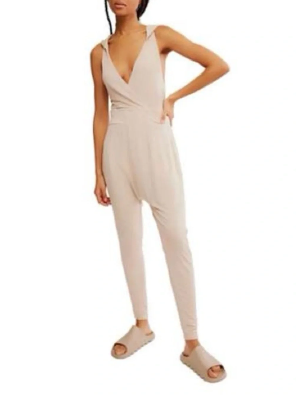 Free People Hooded Harem Second Chance Jersey Onesie Jumpsuit Tan Cream Small